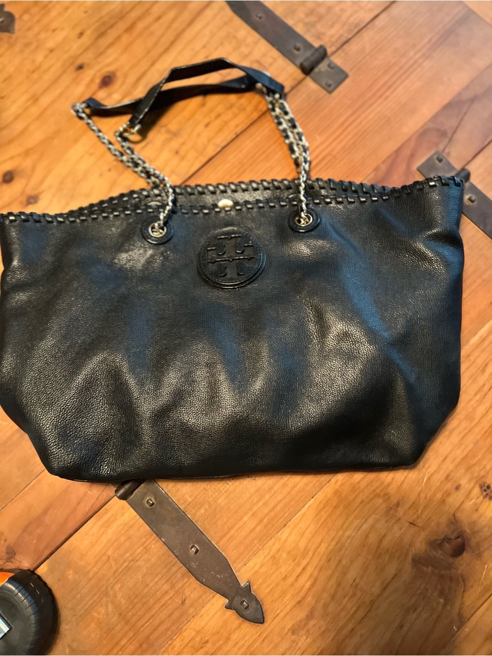 Tory Burch Black Leather Chain-Handle Tote with Whipstitch Trim